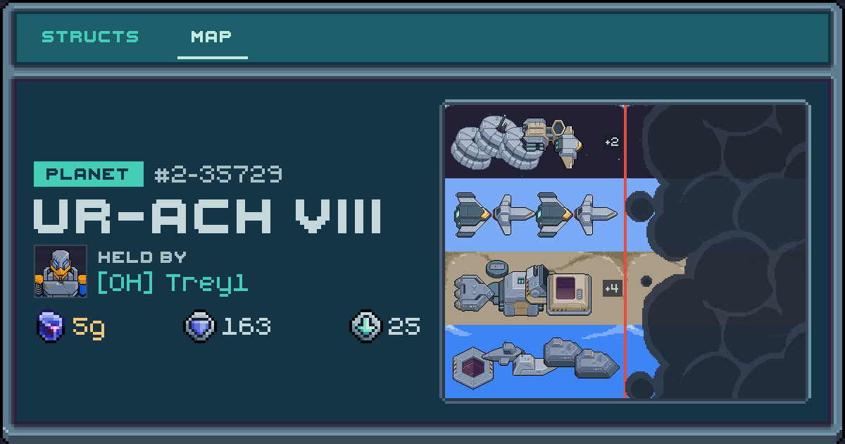 Trey1's planet at Ur-ach VIII (2-35729), 25 structs deployed. Shield 163, 5g ore.