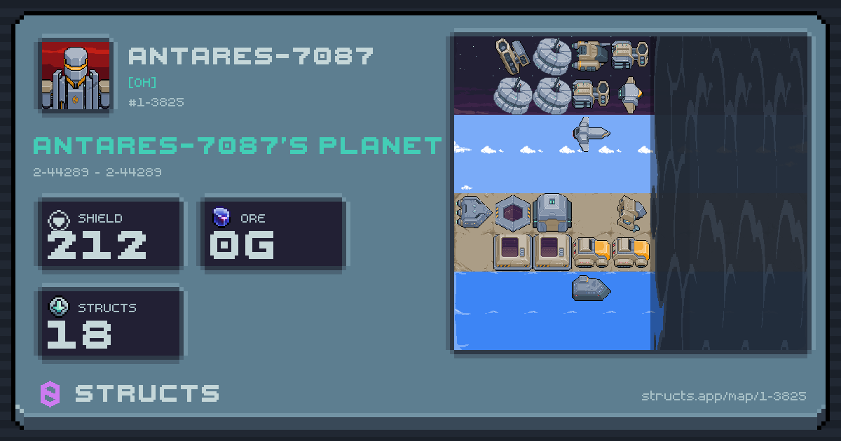 ANTARES-7087's planet at 2-44289 (2-44289), 18 structs deployed. Shield 212, 0g ore.