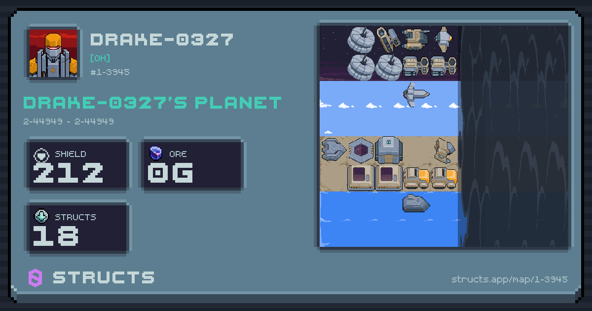DRAKE-0327's planet at 2-44949 (2-44949), 18 structs deployed. Shield 212, 0g ore.