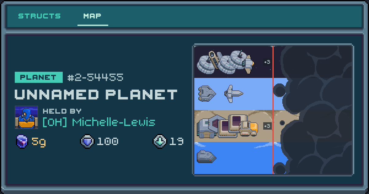 Michelle-Lewis's planet at 2-54455, 19 structs deployed. Shield 100, 5g ore.