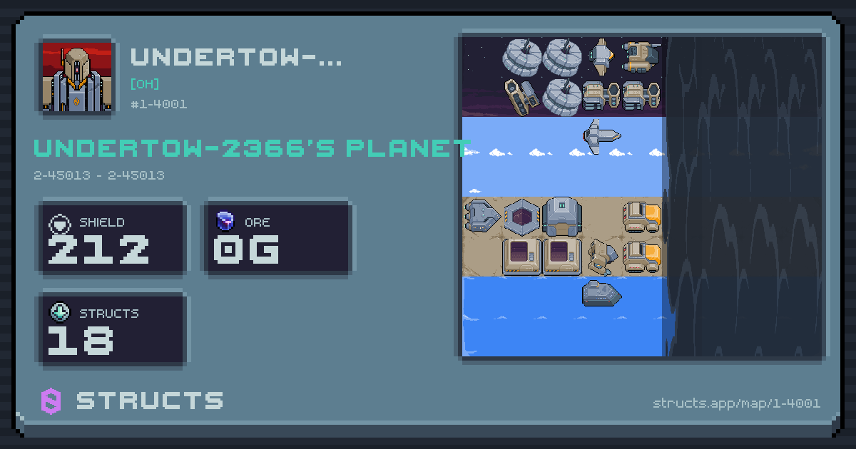 UNDERTOW-2366's planet at 2-45013 (2-45013), 18 structs deployed. Shield 212, 0g ore.