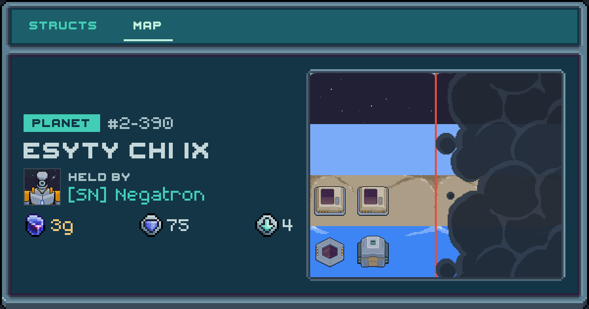 Negatron's planet at Esyty Chi IX (2-390), 4 structs deployed. Shield 75, 3g ore.