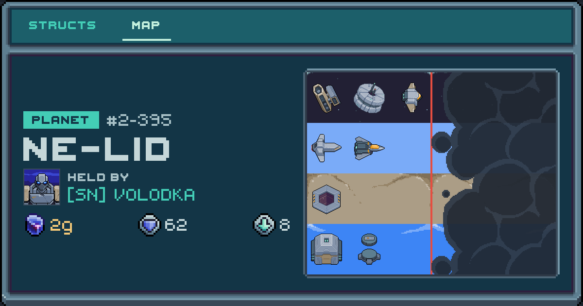 VOLODKA's planet at Ne-lid (2-395), 8 structs deployed. Shield 62, 2g ore.