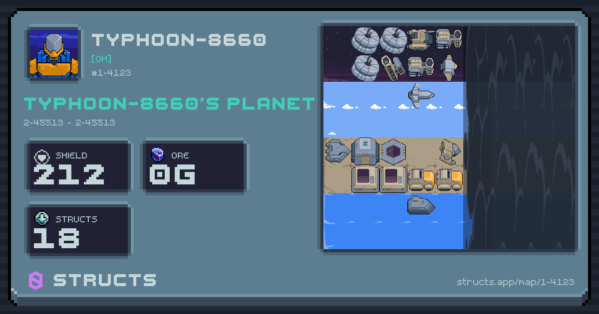 TYPHOON-8660's planet at 2-45513 (2-45513), 18 structs deployed. Shield 212, 0g ore.
