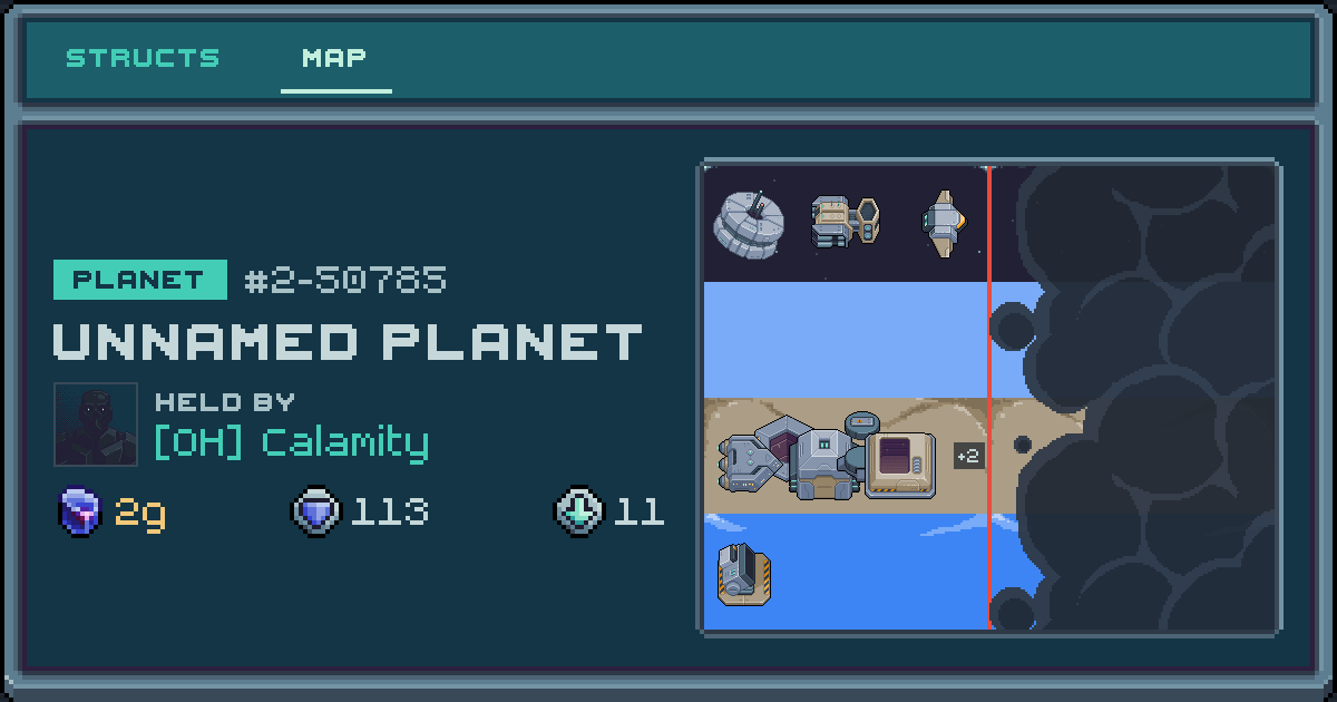 Calamity's planet at 2-50785, 11 structs deployed. Shield 113, 2g ore.