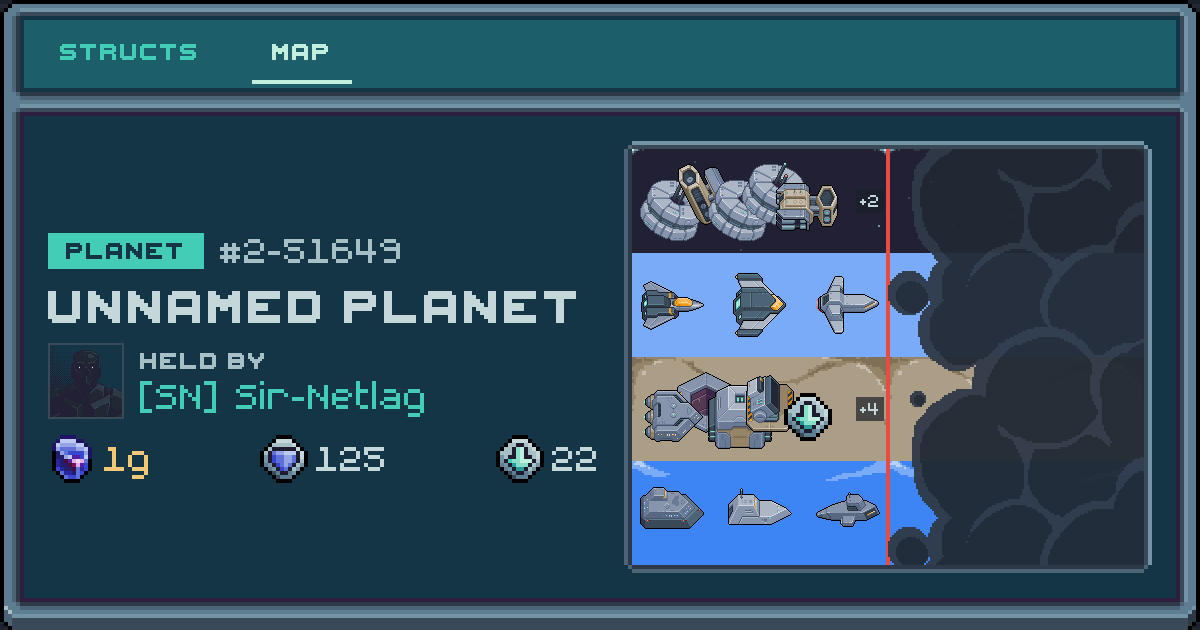 Sir-Netlag's planet at 2-51649, 22 structs deployed. Shield 125, 1g ore.