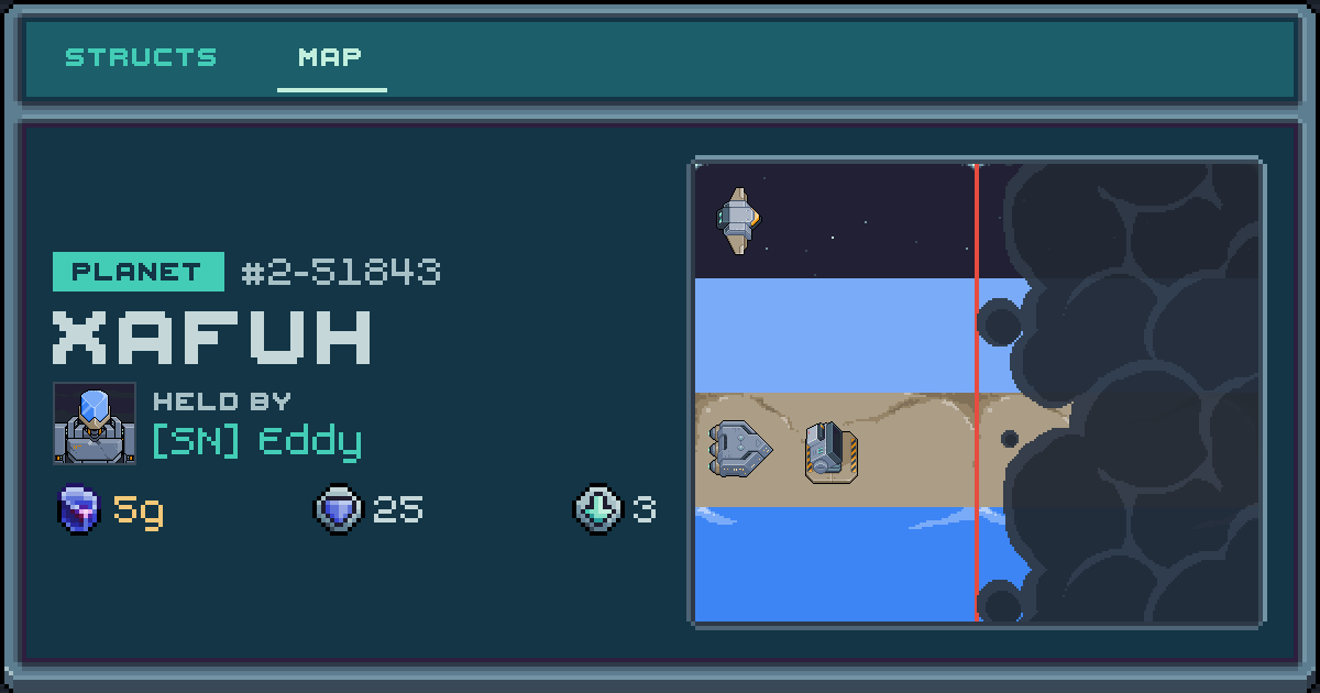 Eddy's planet at Xafuh (2-51843), 3 structs deployed. Shield 25, 5g ore.
