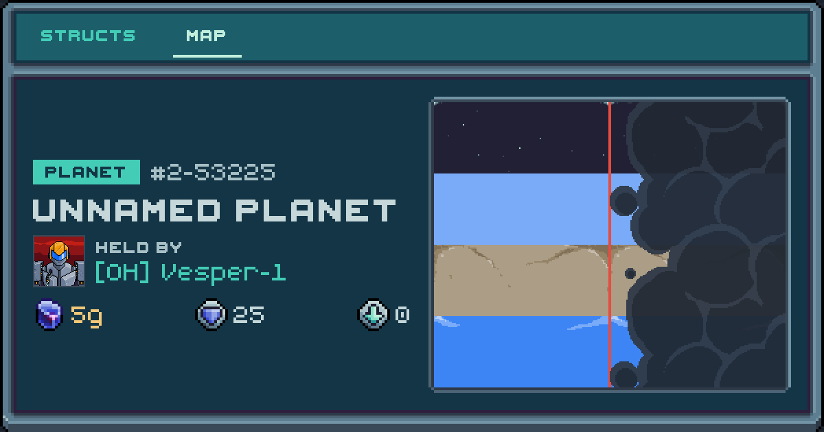 Vesper-1's planet at 2-53225, 0 structs deployed. Shield 25, 5g ore.