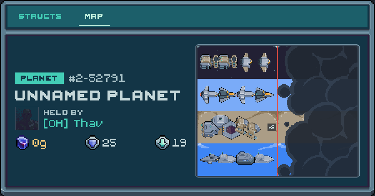 Thav's planet at 2-52791, 19 structs deployed. Shield 25, 0g ore.