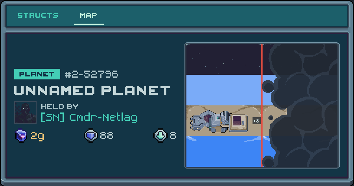 Cmdr-Netlag's planet at 2-52796, 8 structs deployed. Shield 88, 2g ore.