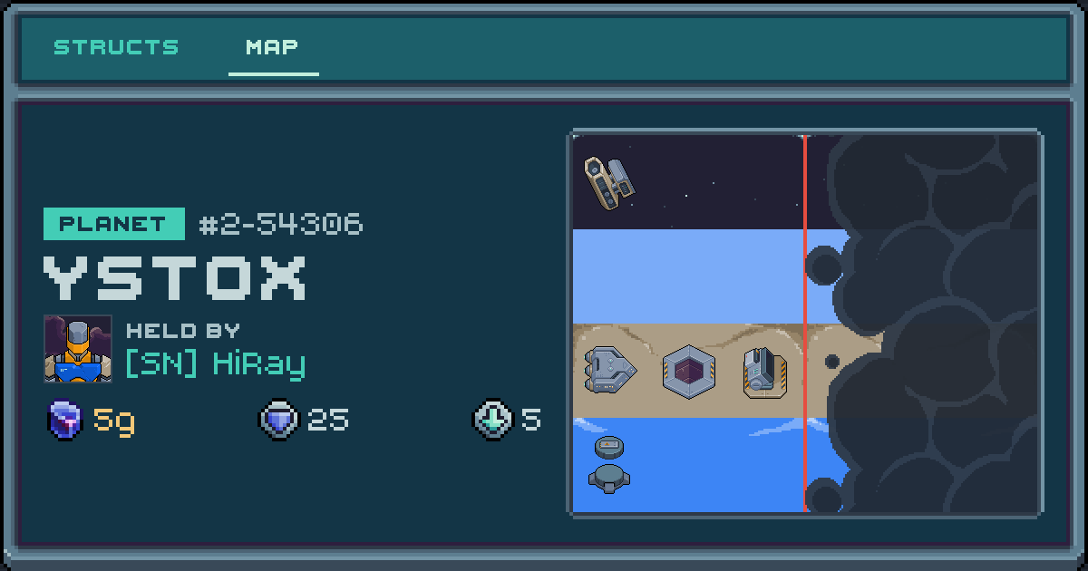 HiRay's planet at Ystox (2-54306), 5 structs deployed. Shield 25, 5g ore.