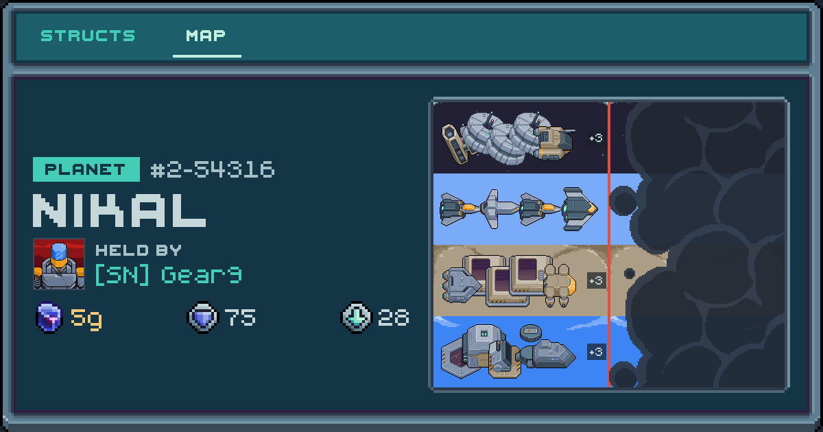 Gear9's planet at Nikal (2-54316), 28 structs deployed. Shield 75, 5g ore.