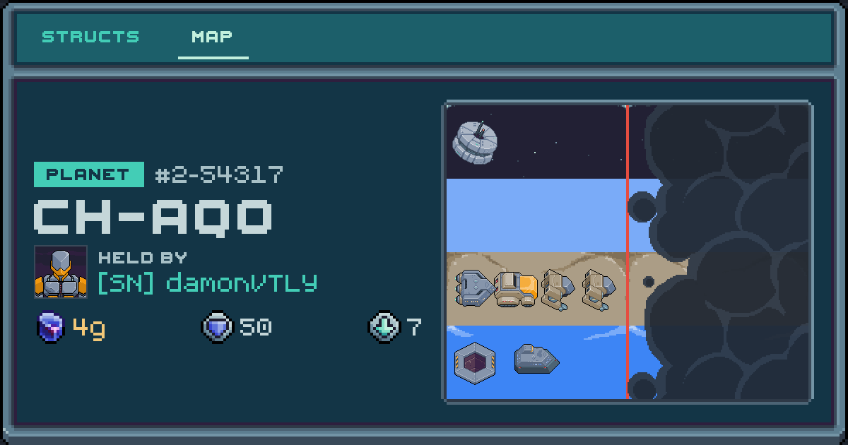 damonVTLY's planet at Ch-aqo (2-54317), 7 structs deployed. Shield 50, 4g ore.