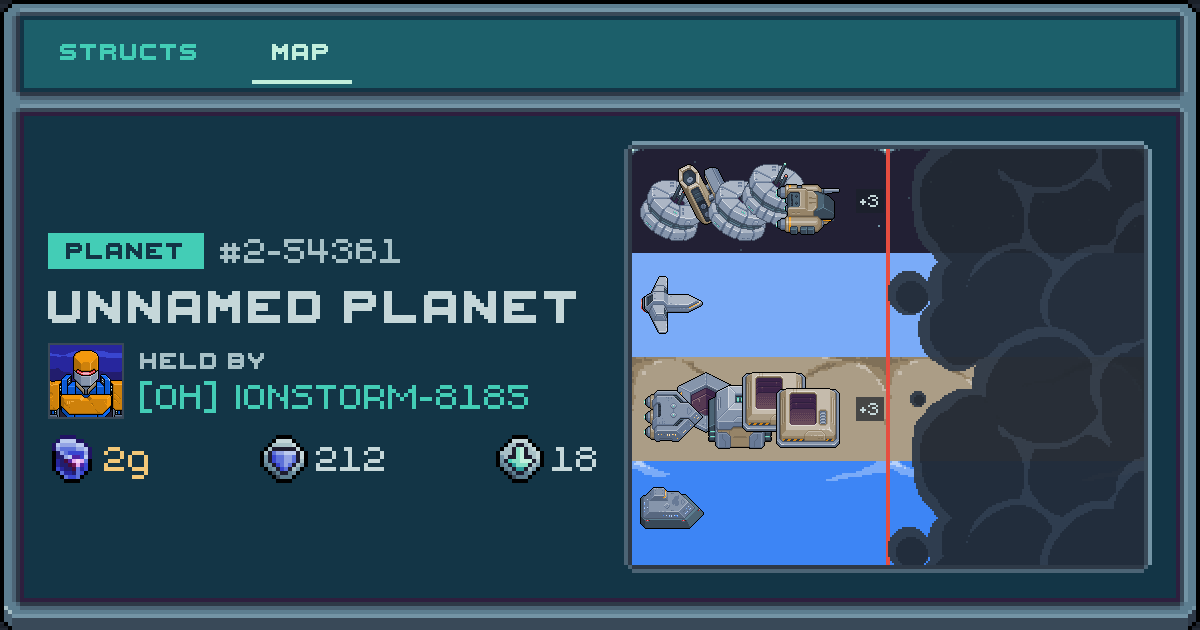 IONSTORM-8185's planet at 2-54361, 18 structs deployed. Shield 212, 3g ore.