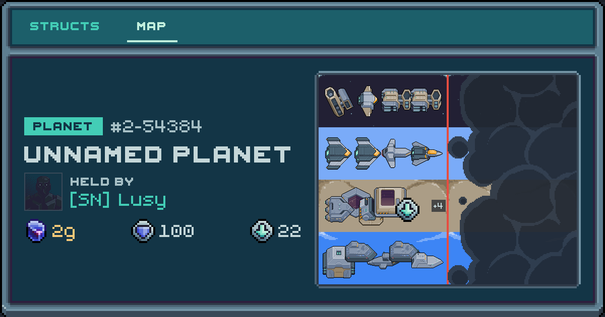 Lusy's planet at 2-54384, 22 structs deployed. Shield 100, 2g ore.