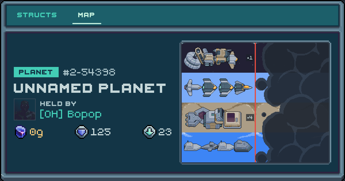 Bopop's planet at 2-54398, 23 structs deployed. Shield 125, 0g ore.