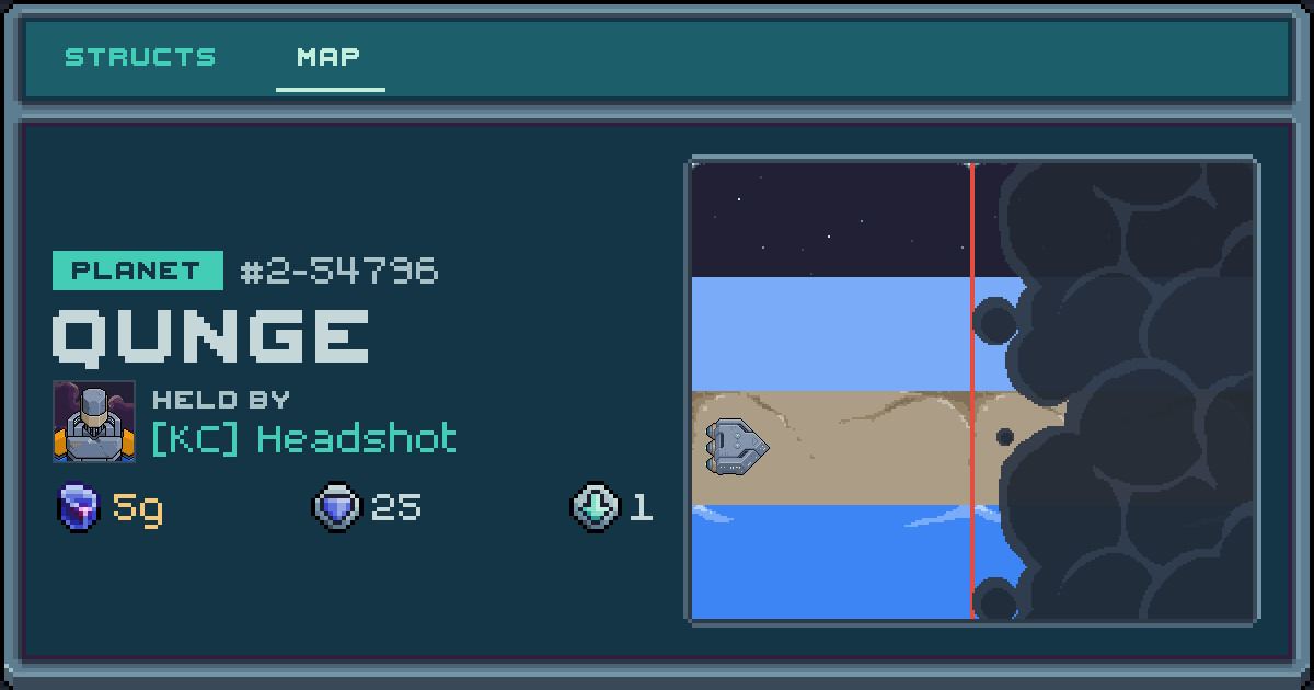 Headshot's planet at Qunge (2-54796), 1 struct deployed. Shield 25, 5g ore.