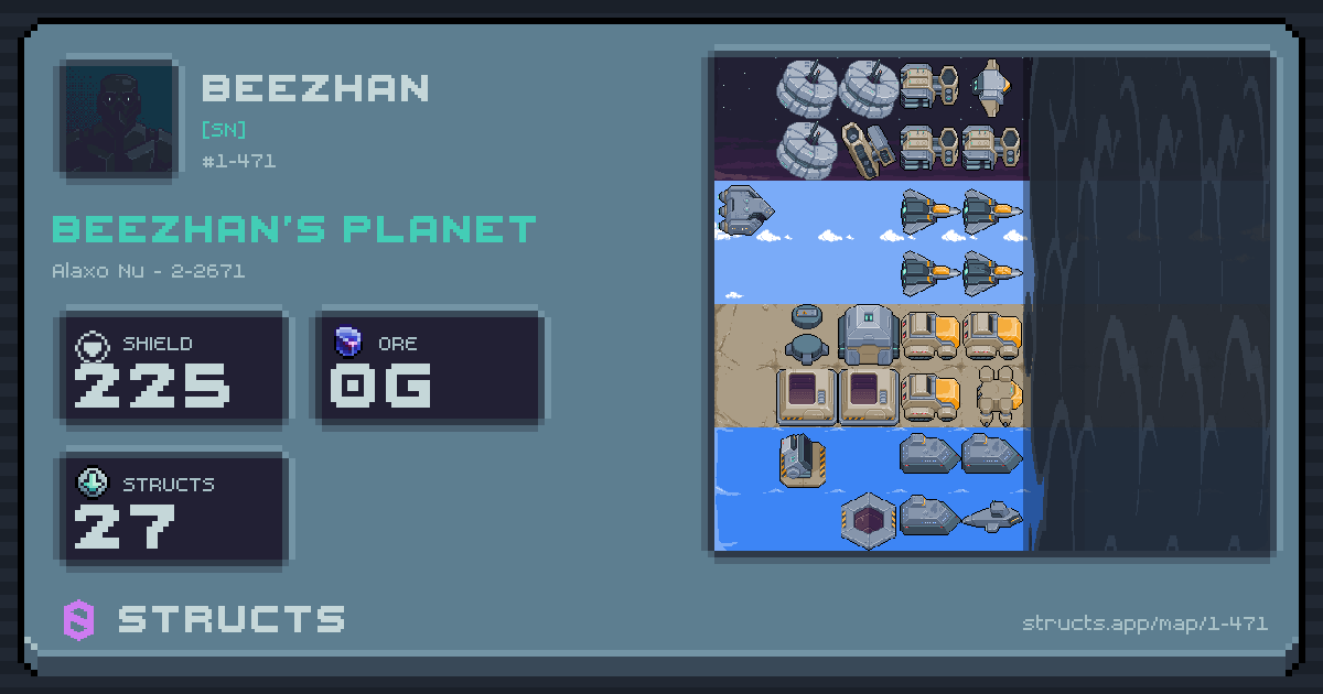 beezhan's planet at Alaxo Nu (2-2671), 27 structs deployed. Shield 225, 0g ore.