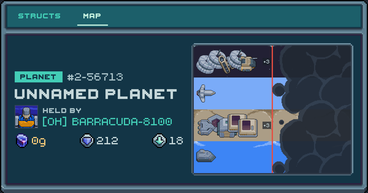 BARRACUDA-8100's planet at 2-56713, 18 structs deployed. Shield 212, 0g ore.