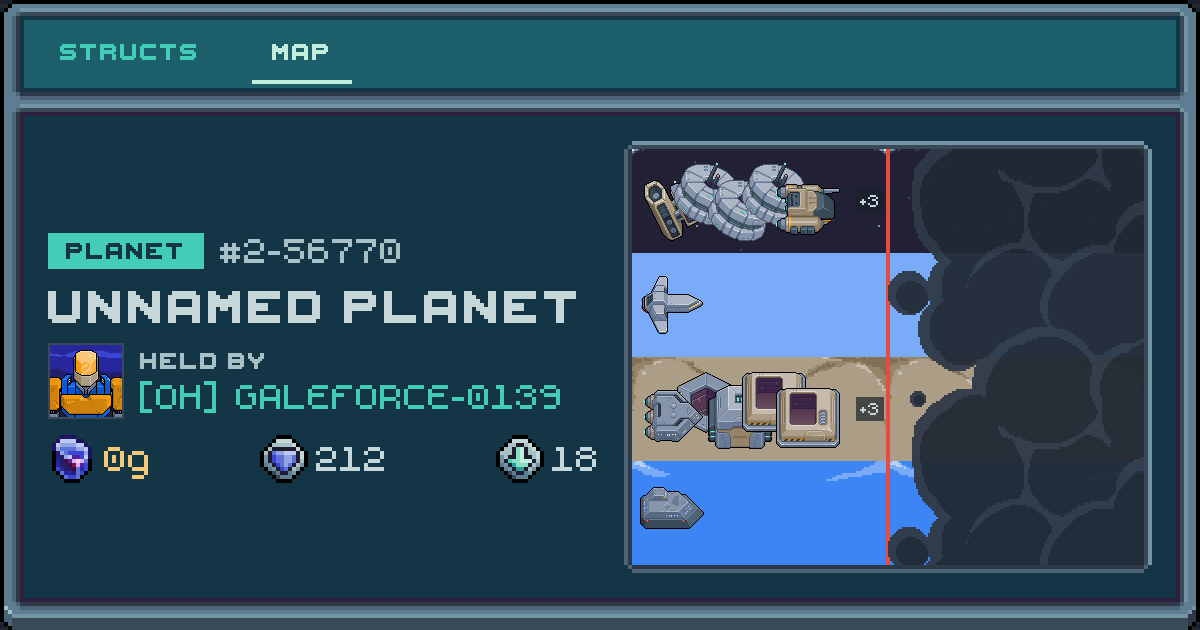 GALEFORCE-0139's planet at 2-56770, 18 structs deployed. Shield 212, 0g ore.