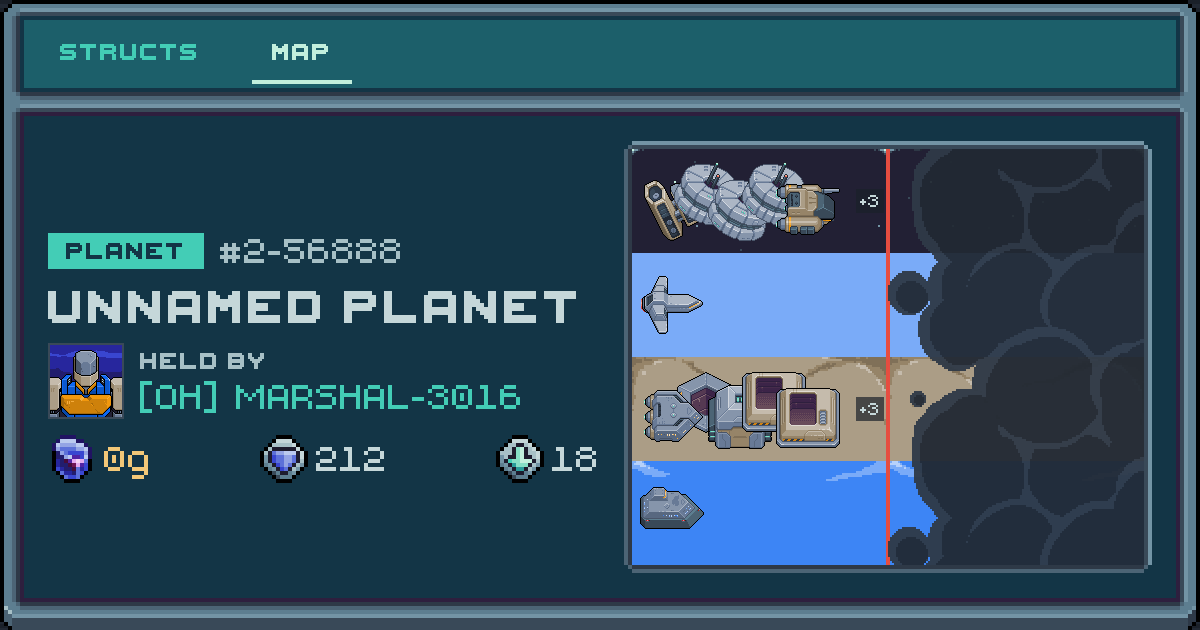 MARSHAL-3016's planet at 2-56888, 18 structs deployed. Shield 212, 0g ore.