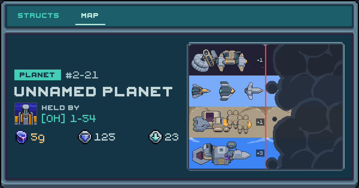 Player 1-54's planet at 2-21, 23 structs deployed. Shield 125, 5g ore.