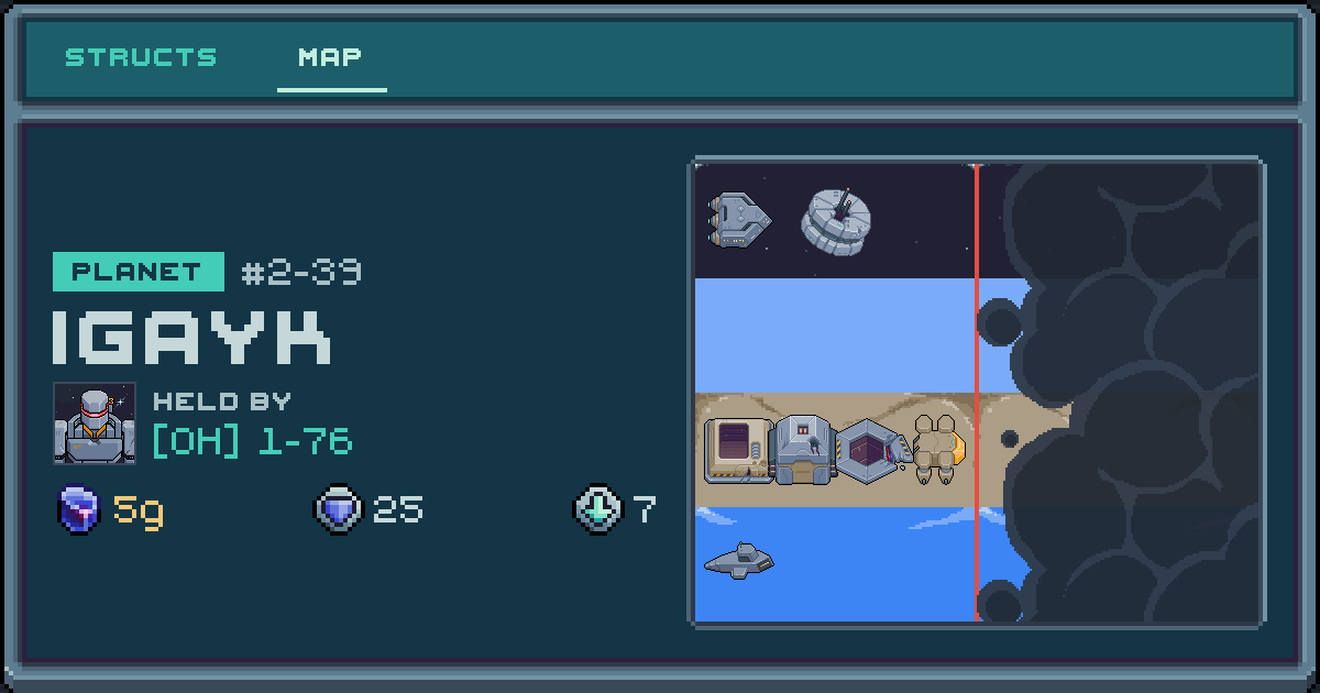 Player 1-76's planet at Igayk (2-39), 7 structs deployed. Shield 25, 5g ore.