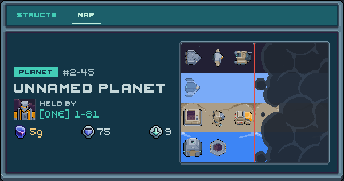 Player 1-81's planet at 2-45, 9 structs deployed. Shield 75, 5g ore.