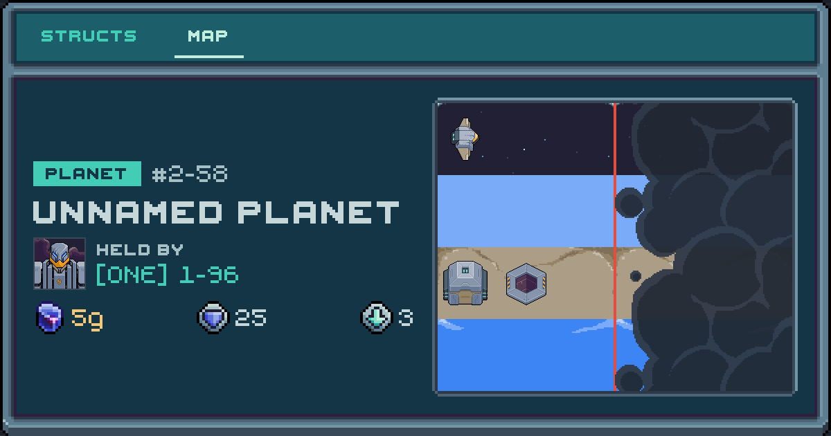 Player 1-96's planet at 2-58, 3 structs deployed. Shield 25, 5g ore.